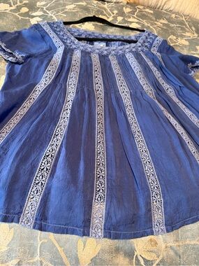 Johnny Was Brigita Sapphire Blue Lace-Trim Square Neck Women’s Top